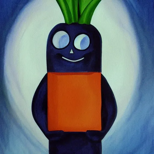 Image similar to Creepy painting of anthropomorphic carrot