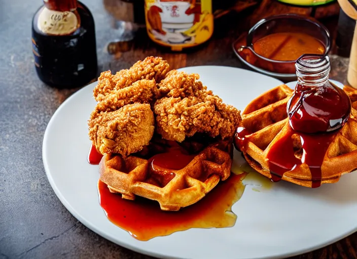 Image similar to dslr food photograph of a belgian waffle with fried chicken on top drizzled with maple syrup and a bottle of hot sauce on the side, 8 5 mm f 1. 8