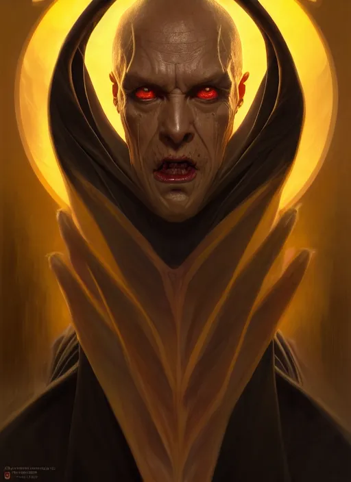 Image similar to portrait of a human evil sith-lord, human face, evil yellow eyes, enraged, angry, dark evil robes, intricate, elegant, highly detailed, digital painting, artstation, concept art, smooth, sharp focus, illustration, art by artgerm and greg rutkowski and alphonse mucha, 4k
