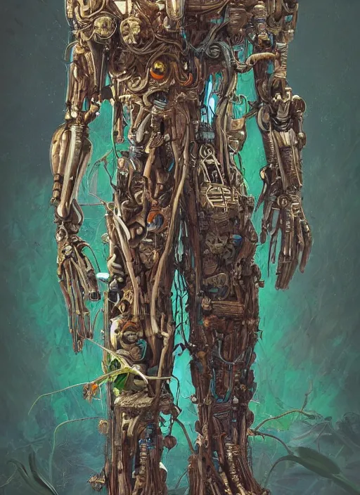 Prompt: hyper - detailed fine painting of a synthetic humanoid hybrid cyborg shaman half cybernetic and half made of plants and wood, concept art magical highlight