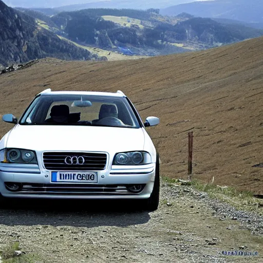 Prompt: Denim Audi A4 B6 Avant (2002) on a mountain, wide shot
