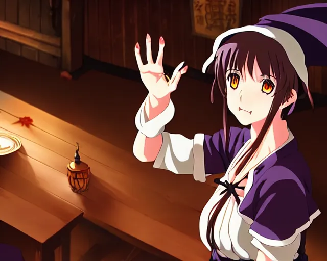 Image similar to key anime visual portrait of a young female witch in a tavern interior defending a companion, dynamic pose, dynamic perspective, cinematic, dramatic lighting.