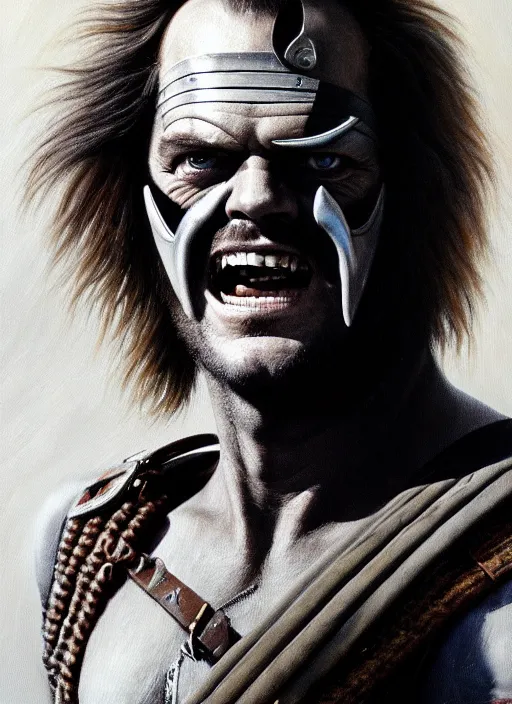 Prompt: portrait of young 1 9 7 0 s jack nicholson as villain warlord in mad max 2 : the road warrior, film still, detailed realism face in painting, detailed beautiful portrait, oil painting masterpiece, 8 k resolution, smooth, sharp focus, trending on artstation, by rembrandt