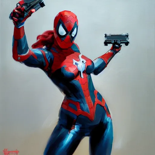 Image similar to greg manchess portrait painting of partially armored female iron spiderman as overwatch character, medium shot, asymmetrical, profile picture, organic painting, sunny day, matte painting, bold shapes, hard edges, street art, trending on artstation, by huang guangjian, gil elvgren, ruan jia, greg rutkowski, gaston bussiere