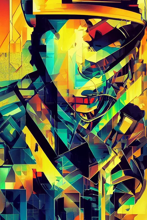 Prompt: wideangle action, portrait of a crazy guitarist, decoherence, synthwave, glitch!!, fracture, vortex, realistic, hyperdetailed, concept art, golden hour, art by syd mead, cubism