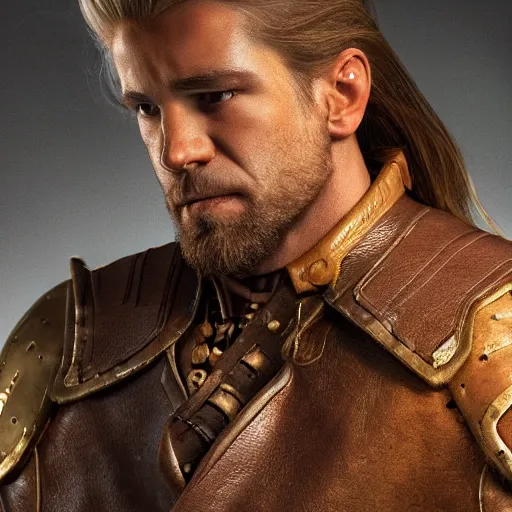 Prompt: uncropped full body rear side portrait of a muscular, ponytail haired blonde man with only left arm armored, wearing a thick brown leather coat, looking to his left, DnD, fantasy, dramatic lighting, digital art by Ruan Jia, Donglu Yu