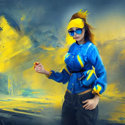 Image similar to ukrainian girl with blue and yellow clothes near big ruined city, concept art, trending on artstation, highly detailed, intricate, sharp focus, digital art, 8 k