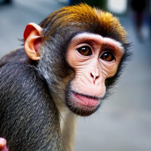 Image similar to candid portrait of a monkey in the street wearing girl's outfit, realistic, sharp focus