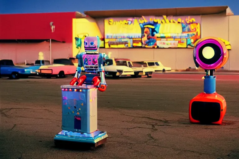 Prompt: robot clown relaxing at a california drive in, in 1 9 8 2, cutecore clowncore, bathed in the the glow of the sunset, low - light photograph, in style of tyler mitchell