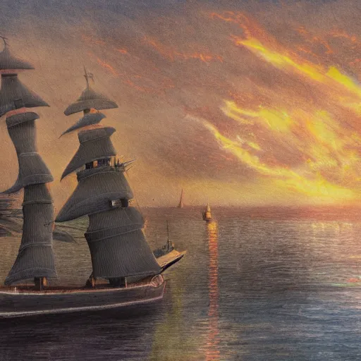 Prompt: wizard's ship setting out from a harbour colour painting high res