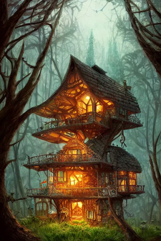 Image similar to a storybook illustration of a ramshackle multistory fairytale hut in the forest, intricate, elegant, fantasy, highly detailed, digital painting, concept art, sharp focus, artstation