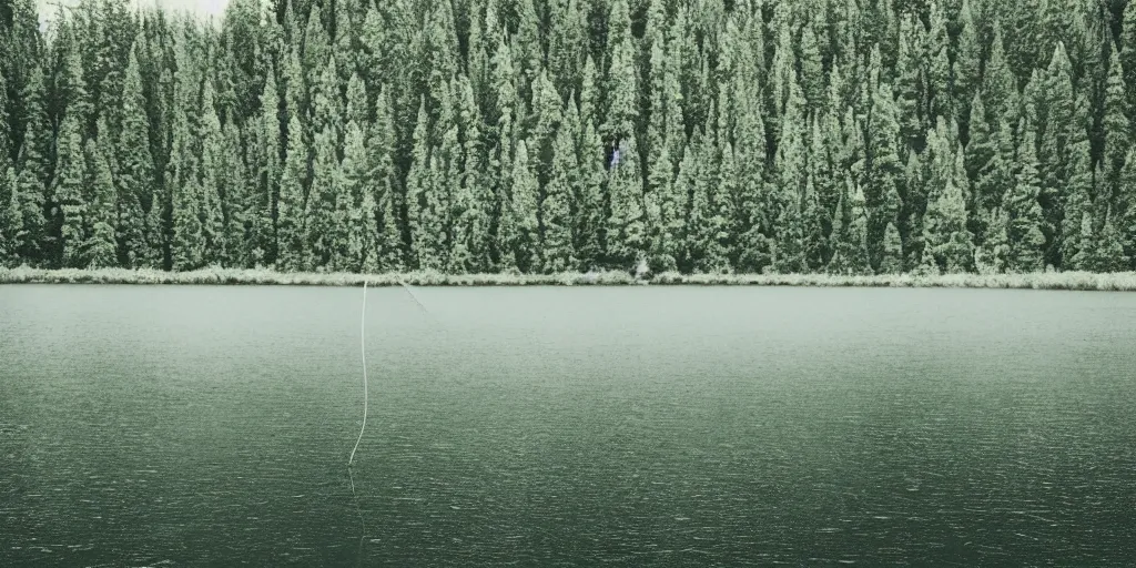 Image similar to symmetrical photograph of a very long rope on the surface of the water, the rope is snaking from the foreground stretching out towards the center of the lake, a dark lake on a cloudy day, trees in the background, moody scene, dreamy kodak color stock, anamorphic lens