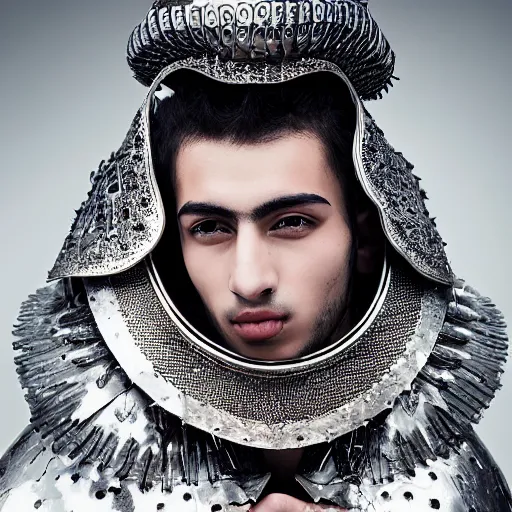 Image similar to a portrait of a beautiful young turkish male wearing an alexander mcqueen armor , photographed by andrew thomas huang, artistic