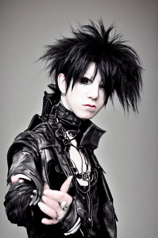 Prompt: photograph of a gothic 9 0 s visual kei vocalist, realistic, magazine photo, detailed leather clothing, big black hair