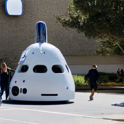 Prompt: an alien spacecraft landing in the parking lot at facebook headquarters to pick up mark zuckerberg