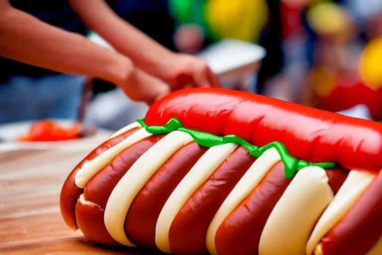 Prompt: a strangely coiled hotdog being grasped by thousands of hands