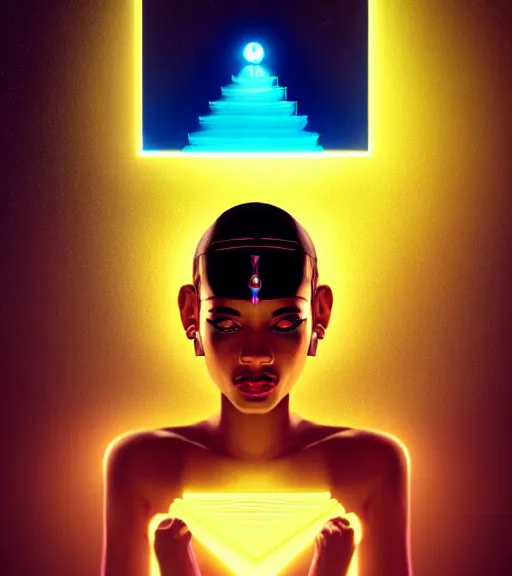 Image similar to symmetry!! egyptian queen of technology, solid cube of light, hard edges, product render retro - futuristic poster scifi, lasers and neon circuits, brown skin beautiful egyptian, queen, intricate, elegant, highly detailed, digital painting, artstation, concept art, smooth, sharp focus, illustration, dreamlike, art by artgerm