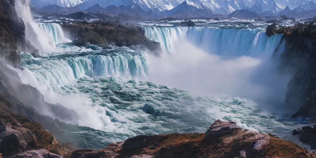 Prompt: cascade of multiple gigantic niagara falls in the himalaya, epic mountains, dawn, sunrise colors, fantasy illustration, matte painting, concept art, low angle shot, volumetric lighting, volumetric atmosphere, morning mist, art by james gurney, unreal engine 5, 8 k