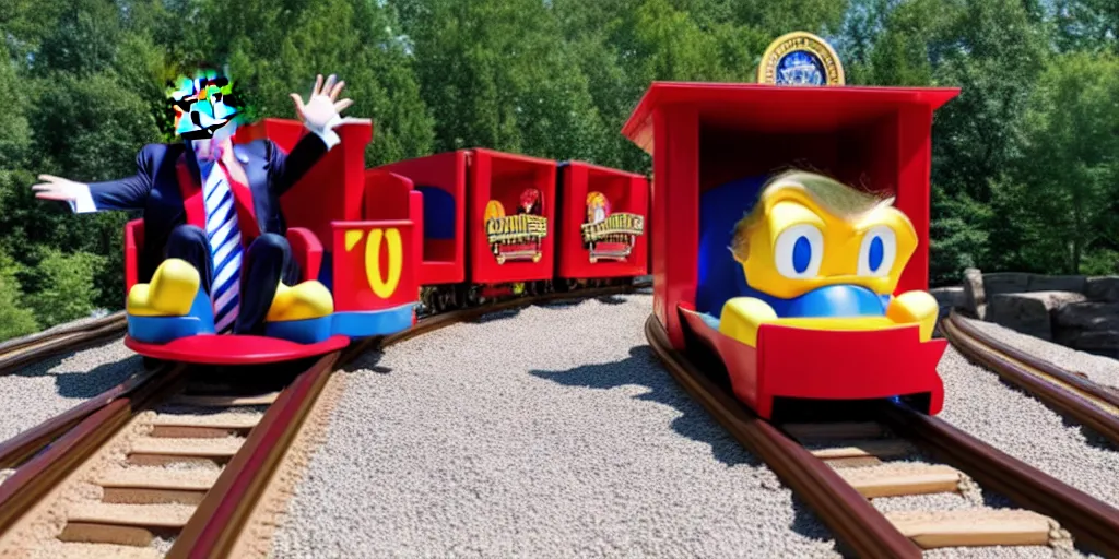 Image similar to Photo of Donald J. Trump tumbling off of a kiddy train into gravel, screaming, taken in Silver Dollar City 2020
