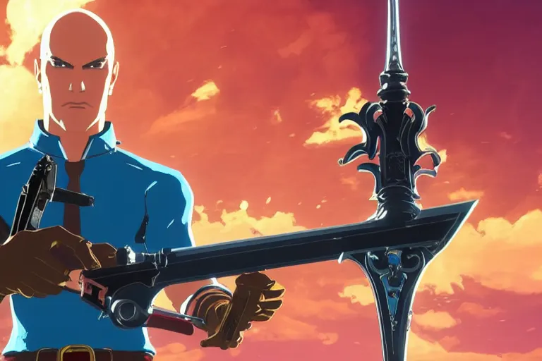 Prompt: hitman agent 4 7 holding master sword in botw, breath of the wild screenshot