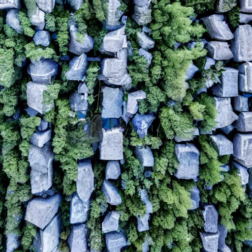 Prompt: a forest of trees made out of stone bricks with blue leaves