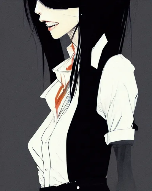 Image similar to a ultradetailed beautiful panting of a stylish woman wearing a shirt with a tie, she has black hair, by conrad roset, greg rutkowski and makoto shinkai, trending on artstation