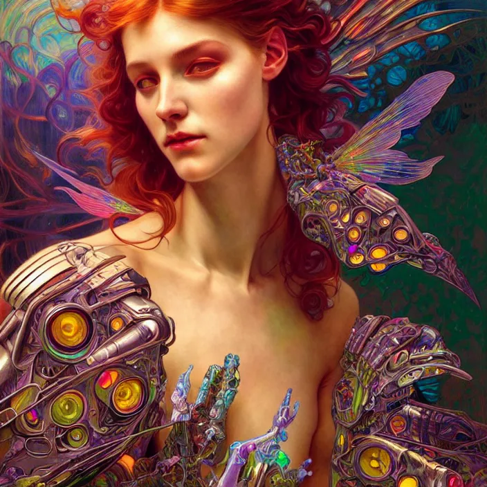 Prompt: bright psychedelic portrait of organic cyborg wings, diffuse lighting, fantasy, intricate, elegant, highly detailed, lifelike, photorealistic, digital painting, artstation, illustration, concept art, smooth, sharp focus, art by John Collier and Albert Aublet and Krenz Cushart and Artem Demura and Alphonse Mucha