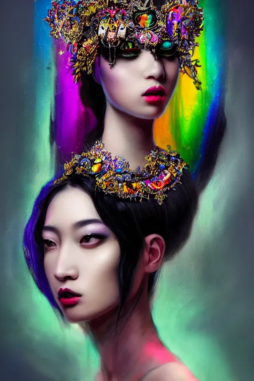 Prompt: a singular beautiful empress dramatic portrait, black hair, with a brilliant, impossible striking shiny big multi colored crystal headpiece, symmetrical, reflective surface, rainbow crystal clothes, rococo, baroque, jewels, asian, realistic, dramatic studio lighting, closeup, D&D, fantasy, intricate, elegant, highly detailed, digital painting, artstation, octane render, 8k, concept art, matte, sharp focus, illustration, art by Artgerm and Greg Rutkowski and Alphonse Mucha