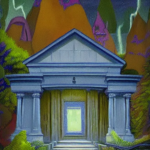 Image similar to uncanny otherworldly lake settee portico, by camille - pierre pambu bodo and h. p. lovecraft, tilt shift, detailed painting