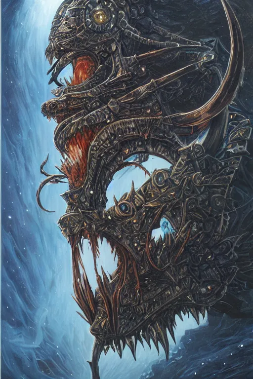 Image similar to sideview waist up portrait of anglerfish wear baphomet armor made with porcelain by jeff easley and peter elson, beautiful eyes and face, symmetry face, galaxy, gothic, surreal, dread, highly detailed, intricate complexity, epic composition, magical atmosphere, masterpiece, award winning, trending on artstation