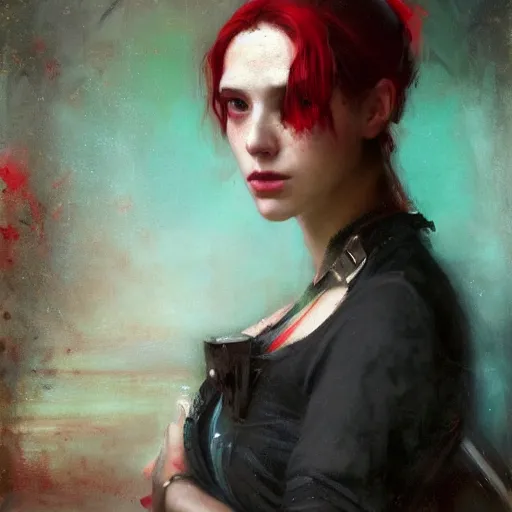 Image similar to Solomon Joseph Solomon and Richard Schmid and Jeremy Lipking victorian genre painting portrait painting of a young beautiful woman cyberpunk future hacker punk rock in fantasy costume, red background
