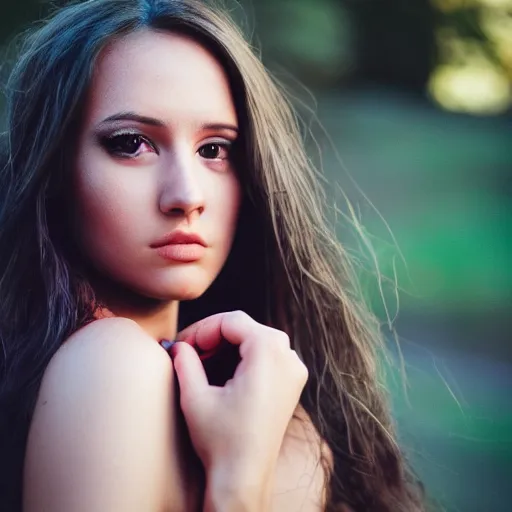 Image similar to outdoor portrait of a very beautiful young woman with gorgeous eyes, high cheek bones, flowing hair, lens flare, light bleed, glow filter, dramatic lighting, 5 0 mm f 1. 2, fuji 4 0 0 h