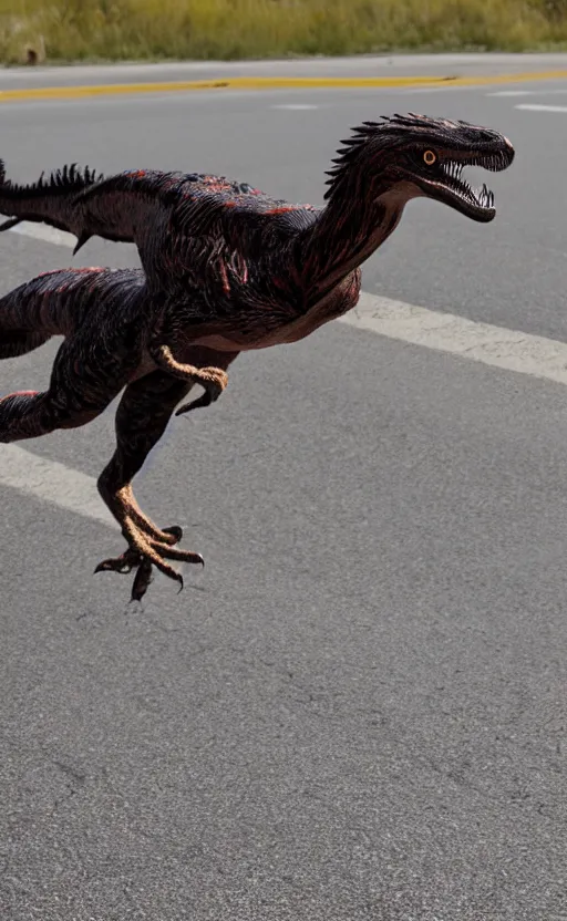 Prompt: a utahraptor running cross the road, realistic, 3 5 mm, 4 k