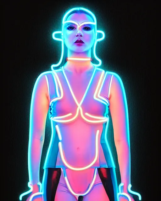 Prompt: full body shot of young punk woman dressed in futuristic cyberpunk clothing, neon light, soft diffused light, bjork aesthetic, translucent, by rineke dijkstra and artgerm, intricate details, highly detailed, masterpiece, 8 5 mm