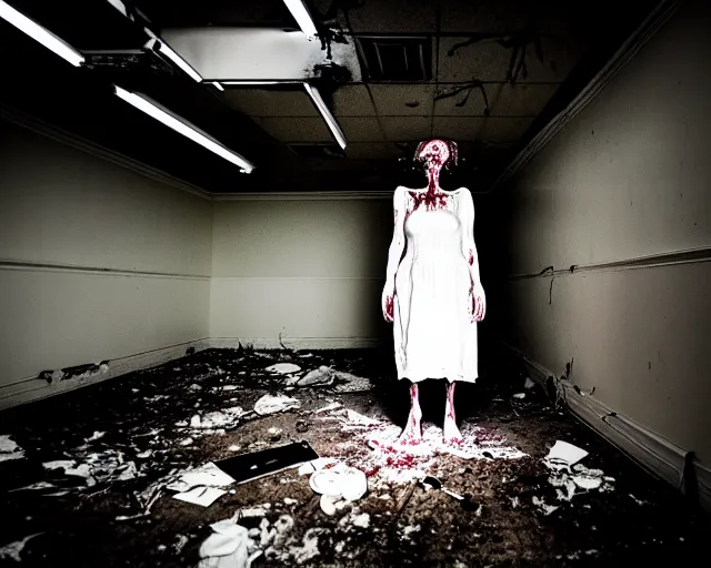 Image similar to creepy mangled woman wearing white dress standing in the backrooms, the eerie forlorn atmosphere of a place that's usually bustling with people but is now abandoned and quiet, buzzing fluorescent lights above the ceiling, unsettling images, liminal space, dark,
