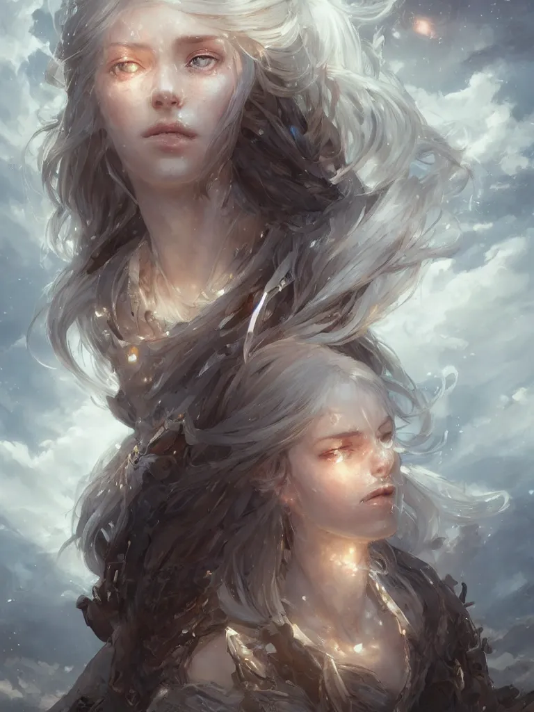 Image similar to a portrait of a beautiful hopeful lady with pretty eyes, beautiful eyes, highly detailed eyes, looking up onto the sky, light smiling, art of wlop and greg rutkowski, intricate, high details, epic fantasy art, bright light masterpiece, ray of light through white hair