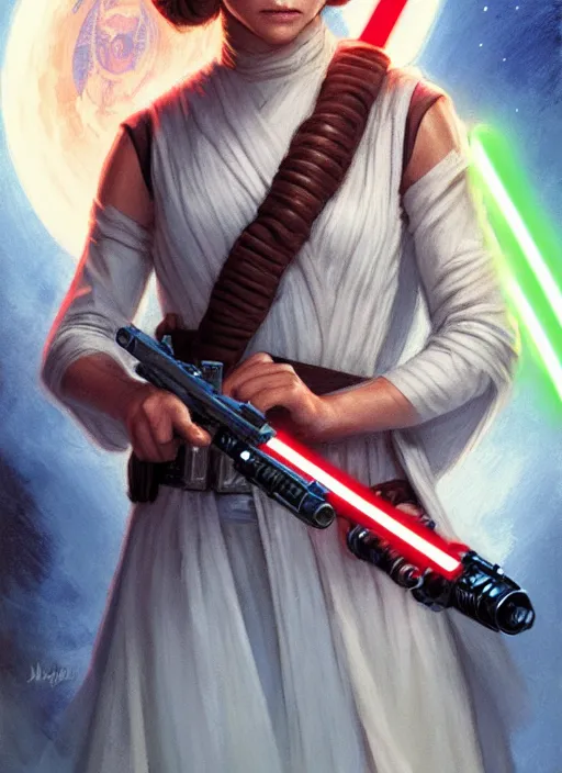 Prompt: young leia organa jedi holding a lightsaber highly detailed, deep focus, intricate, by magali villeneuve, greg rutkowski, and monet