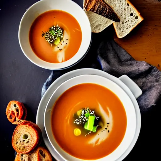 Image similar to a soup with teeth floating, food photography