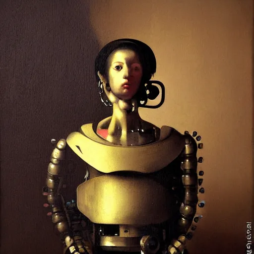 Image similar to baroque painting portrait of a robot by caravaggio in the style of greg rutkowski