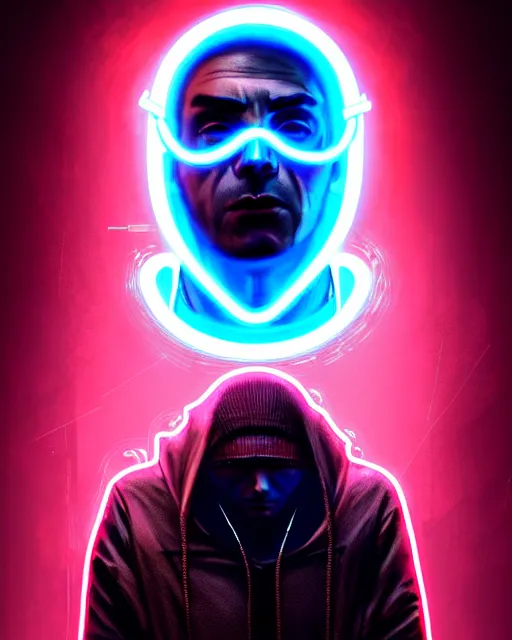 Image similar to cyberpunk synth, hyper - realistic portrait of a man in a hoodie with detailed neon mask, cyberpunk, intricate, lifelike, by atey ghailan, by greg rutkowski, by greg tocchini, by james gilleard, by joe fenton, by kaethe butcher, dynamic lighting, gradient light blue, brown, cinematic lighting color scheme, sharp focus, grunge aesthetic