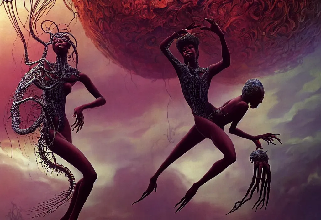 Image similar to realistic detailed portrait movie shot of a beautiful black woman dancing with a giant spider, futuristic sci fi landscape background by denis villeneuve, jean deville, yves tanguy, ernst haeckel, alphonse mucha, max ernst, caravaggio, roger dean, sci fi necklace, fashion, masterpiece, rich moody colours