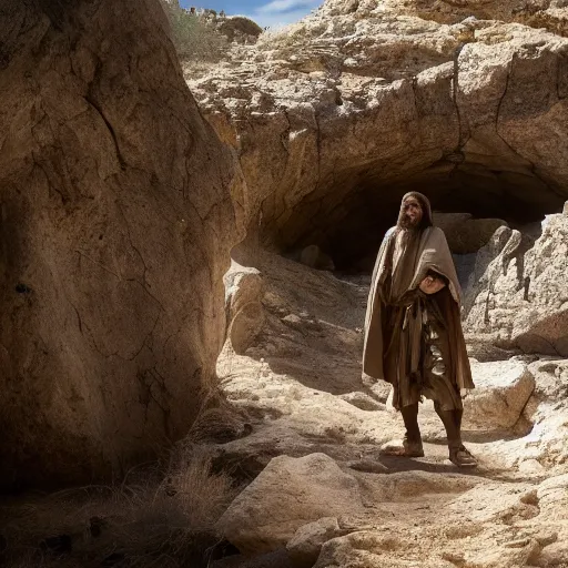 Prompt: cinematic still outside of the garden tomb with stone rolled away, heavenly light coming from the opening, just before dawn, dynamic angles, miracle, magical, wondrous, Biblical epic movie directed by J.J Abrams