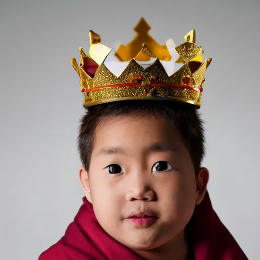 Image similar to tiny King wearing oversized robes and oversized crown stares smugly at camera, high angle, fisheye lens