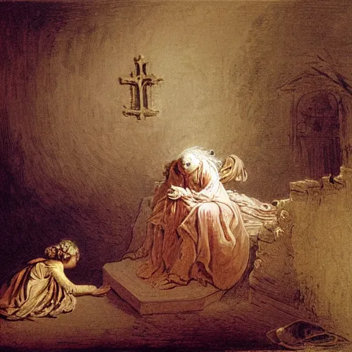 Image similar to a story about a witch begging for her life in a church, by jean honore fragonard,