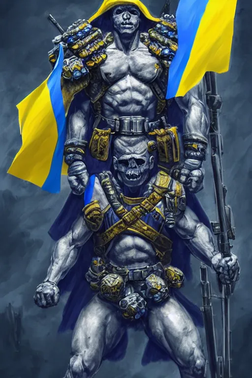 Prompt: a distant shot from below of a Ukrainian super soldier with blue and yellow flag behind him standing alone on a huge pile of skulls posing as a winner, masculine muscular figure, D&D, fantasy, intricate, elegant, highly detailed, extremely detailed, digital painting, artstation, concept art, matte, smooth, hyper realistic, sharp focus, illustration, art by Artgerm and Greg Rutkowski and Alphonse Mucha