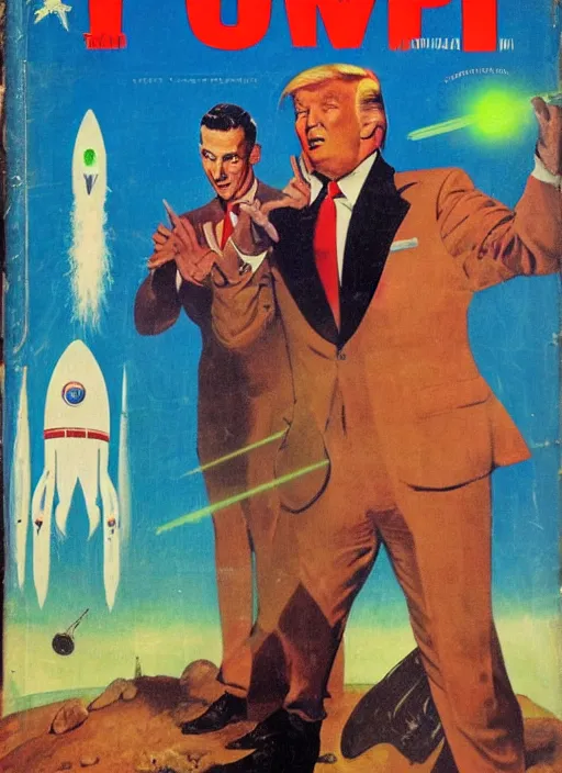 Image similar to 5 0 s sci fi pulp magazine cover of donald trump on mars pointing a ray gun to evil green martians, rocket on the background, by norman rockwell, by drew struzan, high res