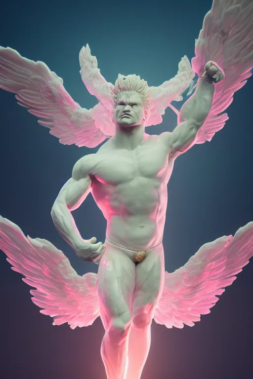 Prompt: photo of fullbody rococo delicate neon pink sculpture of a hulking herculean muscular onyx albino marble brock lesnar as an iridescent humanoid deity, angelic halo, wings, sunrays, cinematic lighting, photorealistic, octane render, 8 k, depth of field, 3 d