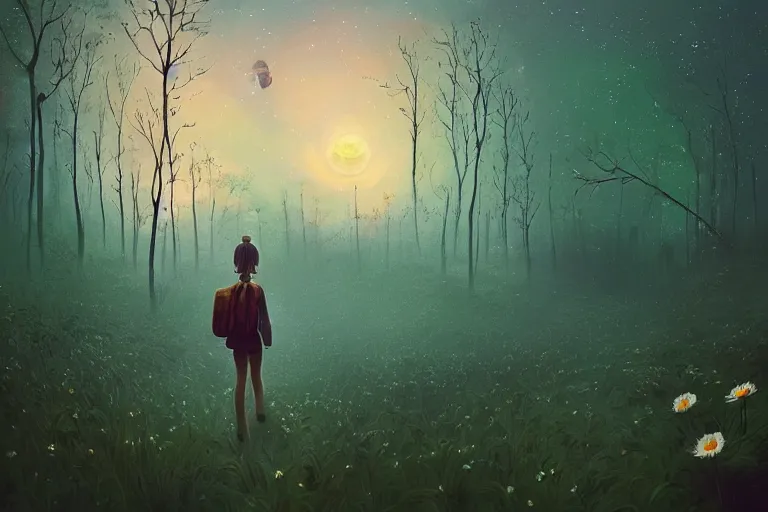 Image similar to giant daisy flowers head, girl walking in dark forest, surreal photography, dark night, stars, moon light, impressionist painting, clouds, digital painting, artstation, simon stalenhag