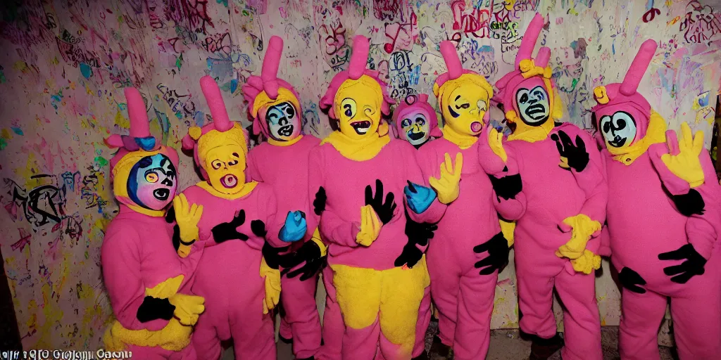 Prompt: Juggalo Teletubbies band photoshoot inside abandoned dollhouse, 1980s surrealism aesthetic, detailed facial expressions, graffiti on the walls and ceiling