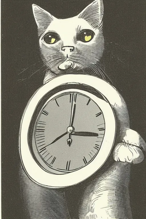 Image similar to cat holding an alarm clock, lithograph image from old textbook